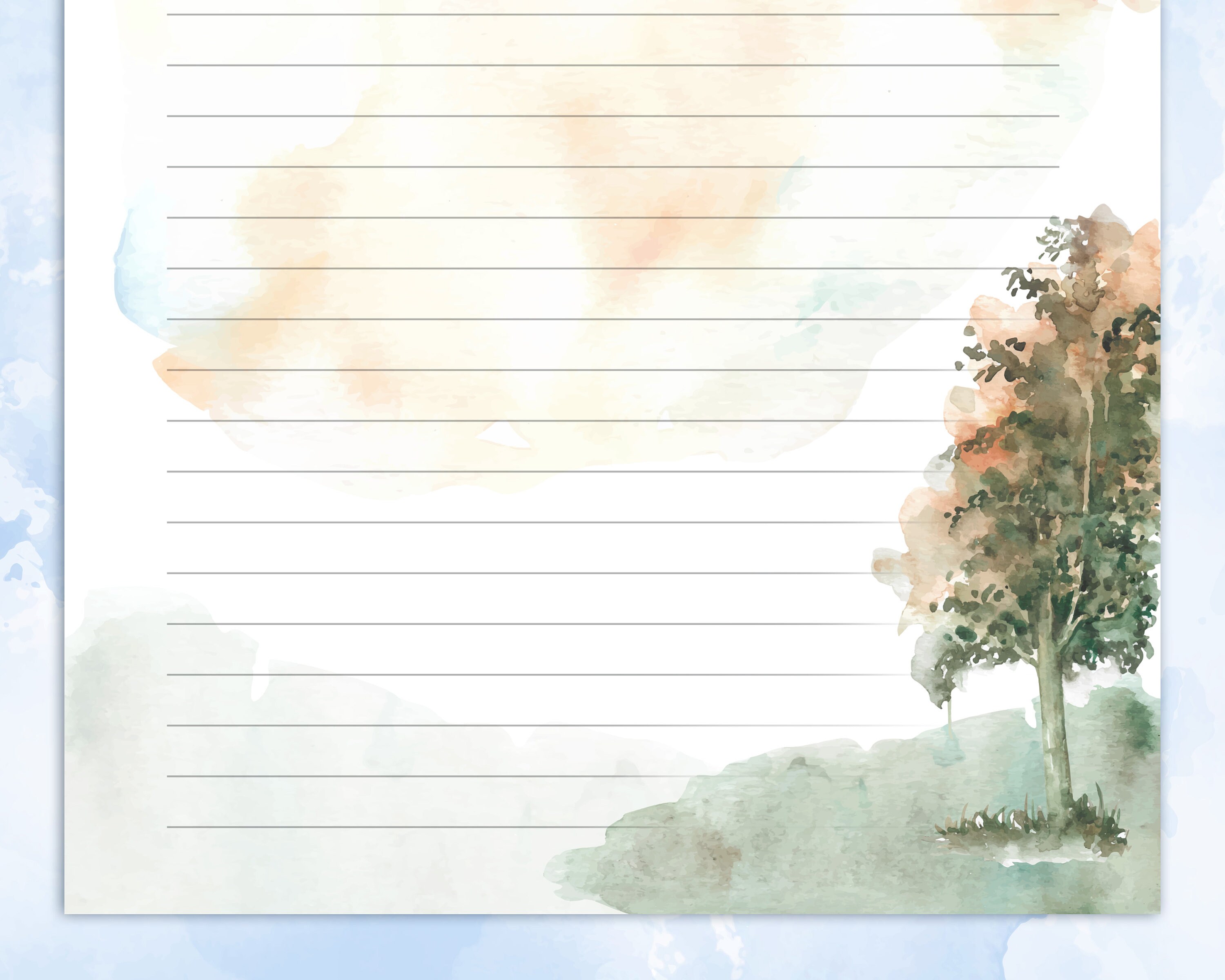 Printable Stationary, Tree Landscape Watercolor Printable Writing Paper ...