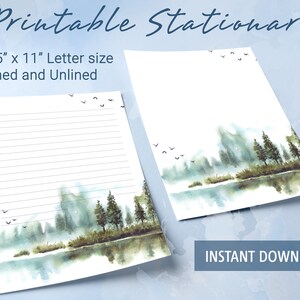 Papel rayado imprimible con reflejo de hermosos pinos en el lago, papel para escribir imprimible, plantilla de Goodnotes