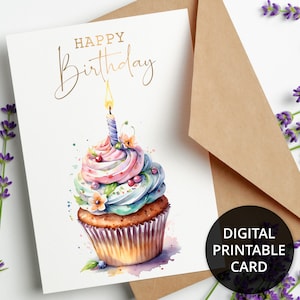 Cartão de aniversário para impressão com um delicioso cupcake com vela, cartão de aniversário digital de pinguim, cartão comemorativo 5x7, cartão digital