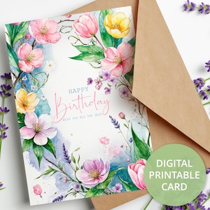 Cartão de aniversário floral para impressão, cartão digital de feliz aniversário, cartão de aniversário com flores, cartão de felicitações 5x7, DOWNLOAD DIGITAL
