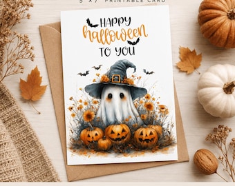 Printable Halloween Card, Cute Ghost in Witch Hat with Pumpkins