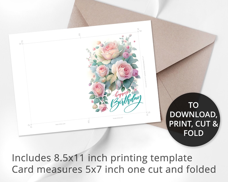 K&ouml;nnte beinhalten: Druckbare Kartenvorlage im Format 8,5 x 11 Zoll mit einem Strau&szlig; aus rosa und wei&szlig;en Rosen mit gr&uuml;nen Bl&auml;ttern und dem Text "happy Birthday" in T&uuml;rkis. Die fertige Karte misst 5 x 7 Zoll.