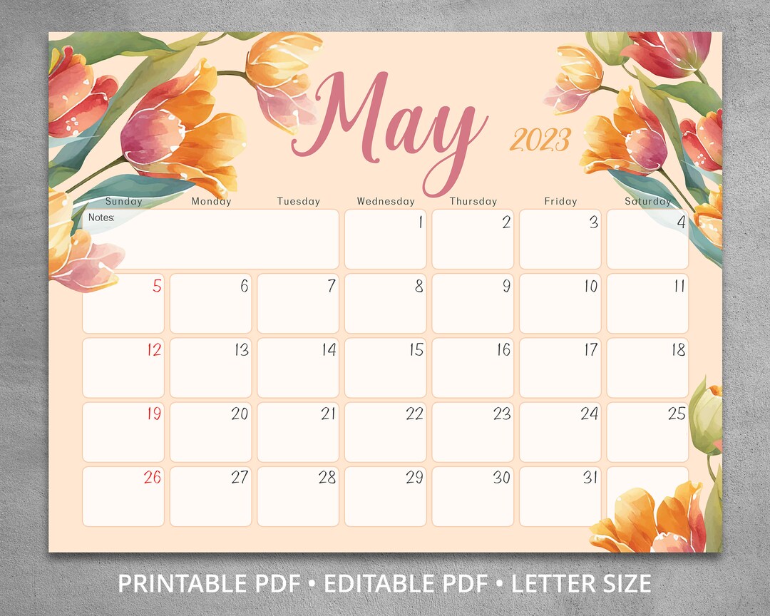 Editable May 2024 Calendar, Floral Wall Calendar 2024 With Tulips