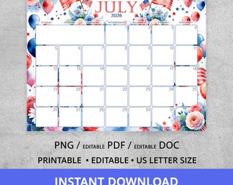 Calendario imprimible de julio de 2026, planificador patriótico en acuarela para el 4 de julio, PDF y Word editables.