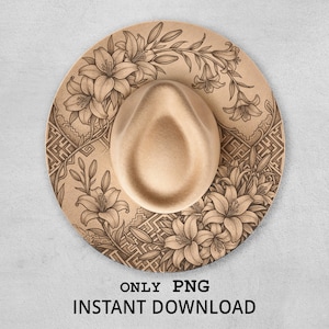 Può includere: Un cappello fedora beige con un design floreale dettagliato e motivi geometrici sulla tesa. Il cappello presenta una corona centrale ed è adornato da illustrazioni di fiori di giglio. Il testo "ONLY PNG INSTANT DOWNLOAD" è in basso.