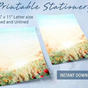 Papel rayado imprimible con un hermoso paisaje de jardín de rosas, papel para escribir imprimible, plantilla de Goodnotes