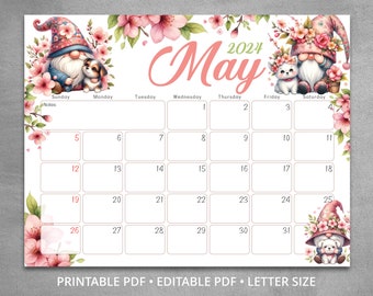 Editable May 2024 Calendar, Floral Printable Fillable Planner with cute gnomes, Spring wall calendar, Fillable Classroom Calendar