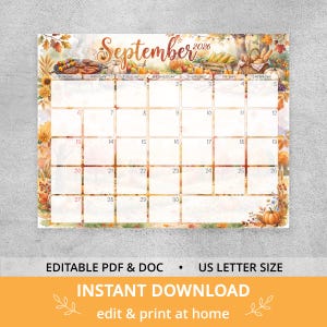 May include: A September 2026 calendar page featuring a watercolor illustration of autumn harvest elements including pumpkins, corn, a basket of bread, and grilled food. The grid layout includes days of the week and dates, with a decorative border of fall foliage.
