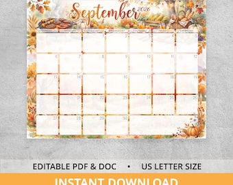 September 2026 Calendar Printable, Editable Fall Harvest Planner with Cozy BBQ Art