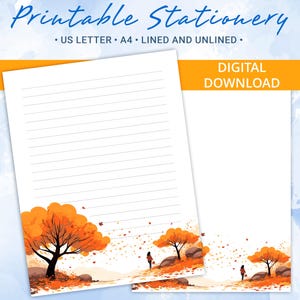 Papel rayado imprimible, papel para escribir cartas con fondo otoñal, tamaño A4 y carta de EE. UU., plantilla de Goodnotes, licencia comercial