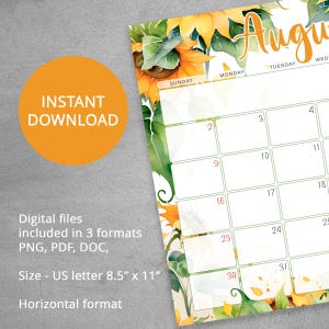 August 2026 Calendar Sunflower Printable, Editable PDF Word Monthly Planner, Floral Summer Schedule, US Letter Size Digital Download image 3