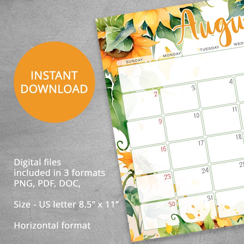 August 2026 Calendar Sunflower Printable, Editable PDF Word Monthly Planner, Floral Summer Schedule, US Letter Size Digital Download image 3