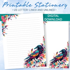 Papel forrado para papelaria para impressão, papel para escrever para impressão com lindos corvos fofos em flores, papel para escrever cartas, bloco de notas personalizado