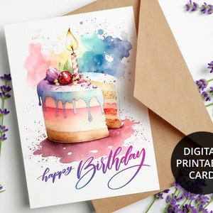 Printable Birthday Card, Digital Birthday card with birthday cake, 5x7 Greeting Card, DIGITAL DOWNLOAD
