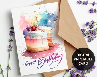 Printable Birthday Card, Digital Birthday card with birthday cake, 5x7 Greeting Card, DIGITAL DOWNLOAD