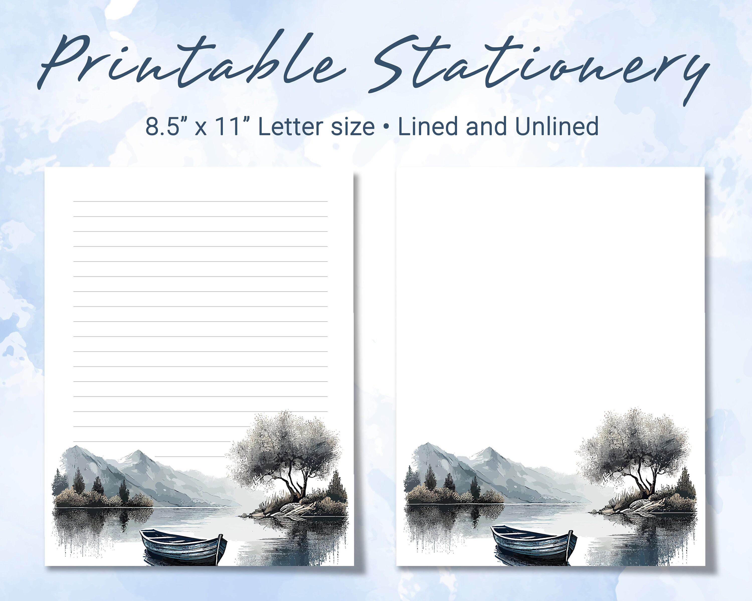 Printable Stationery Lined Paper With Lonely Boat Surrounded by Green Landscape, Printable ...
