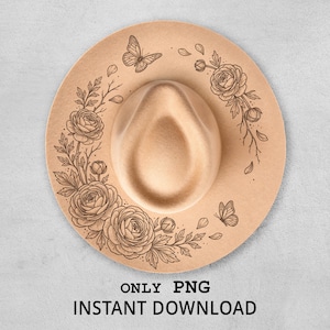 May include: A beige fedora hat with a decorative floral and butterfly design. The hat features a wide brim and a center crease. The text "ONLY PNG INSTANT DOWNLOAD" is printed at the bottom.