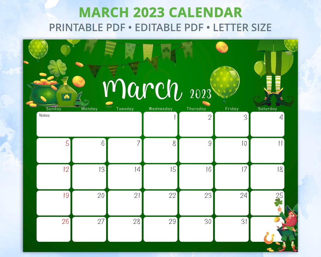 Editable March 2023 Calendar Happy St.patrick's Day Etsy