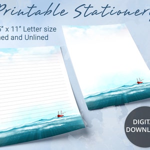 Papel rayado imprimible con paisaje de océano azul, papel para escribir imprimible, plantilla de Goodnotes