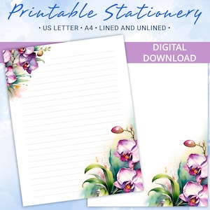 Papel de papelería imprimible floral con flores de orquídeas brillantes, papel para escribir cartas, tamaño A4 y carta estadounidense, licencia comercial
