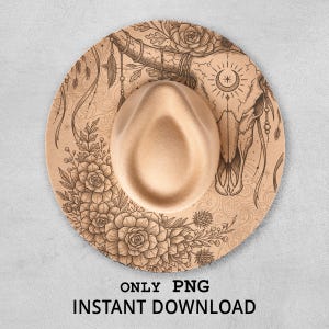 May include: A tan fedora hat with a decorative brim featuring a floral and skull design. The hat has a neutral color and is suitable for various outfits. The text "ONLY PNG INSTANT DOWNLOAD" is printed on the bottom.