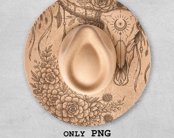 Boho Cow Skull Hat Design PNG, Mystic Laser Engraving Template, Celestial Western Fedora Design