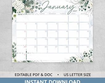 January 2027 White Floral Calendar, Editable Monthly Planner for Family Schedules, Winter Greenery Watercolor