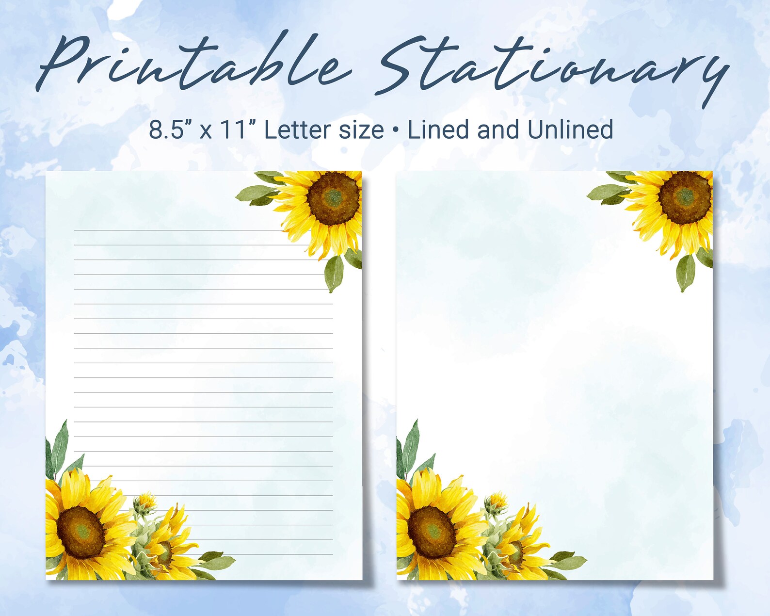 Printable Sunflower Stationery Lined Paper Printable Writing Etsy