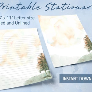 Papelería imprimible, papel de escritura imprimible con acuarela de paisaje de árboles, papel de escritura de cartas botánicas, juego de escritura, bloc de notas personalizado