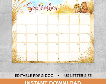 September 2026 Calendar, Editable Monthly Planner, Capybara Digital Download, Printable Fall Organizer