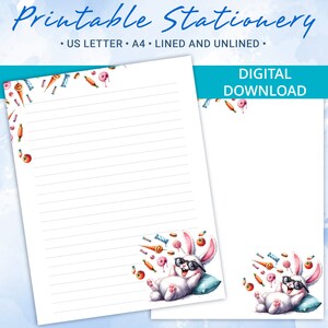 Papel de papelería imprimible con un divertido conejo y un caramelo, papel para escribir cartas, tamaño A4 y carta estadounidense, plantilla Goodnotes