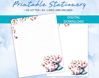 Printable Stationery paper with a funny rabbit and candy, Letter writing Paper, A4 & US Letter Size, Goodnotes template