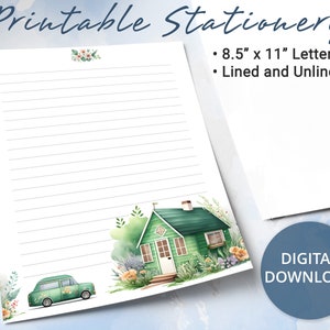 Papel rayado imprimible con granero de madera verde en un paisaje rural, papel para escribir imprimible, plantilla de Goodnotes