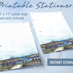 Papel rayado imprimible con paisaje natural con camino y mar en acuarela, papel para escribir imprimible, plantilla Goodnotes