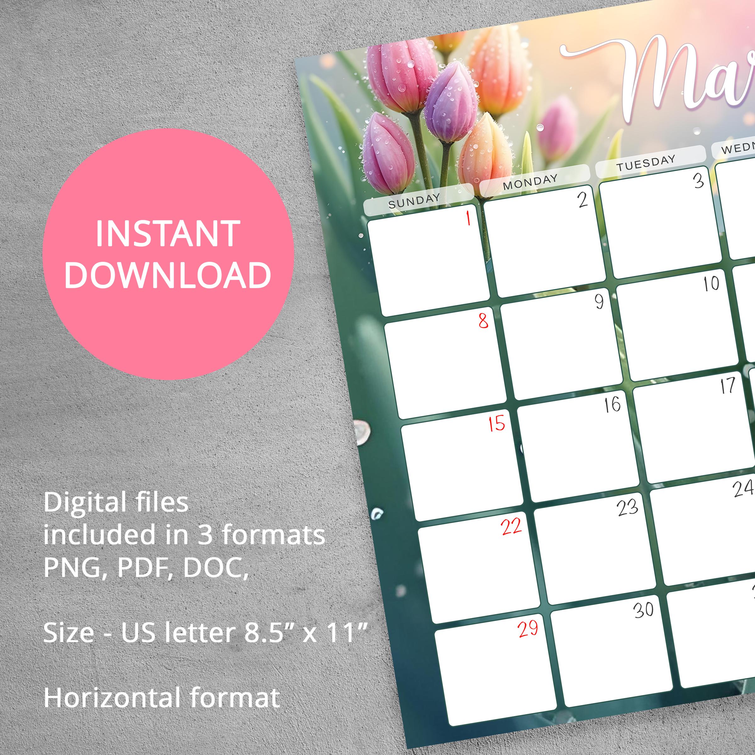 Editable March 2026 Calendar, Tulip Monthly Planner, Spring Desk ...
