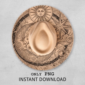 Può includere: Un cappello fedora beige con un design celeste dettagliato sulla tesa, con un sole, una luna, stelle e altri elementi astrologici. Il testo "ONLY PNG INSTANT DOWNLOAD" è stampato in basso.