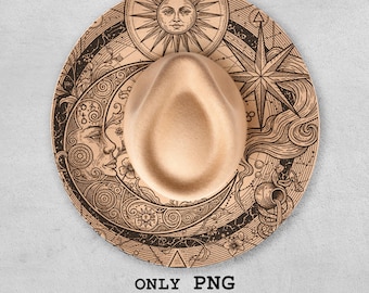 Celestial Sun Moon Hat Burning Design PNG, Occult for Laser Engraving on Hats, Witchy Western Brim