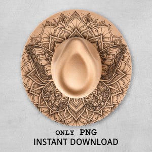 May include: A beige fedora hat with an intricate mandala pattern etched on the brim. The hat has a traditional teardrop crown and a broad brim. The text "ONLY PNG INSTANT DOWNLOAD" is printed at the bottom.