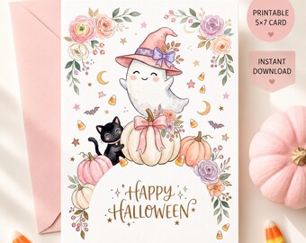Pink Halloween Card to Print at Home, Cute Ghost Witch with Pumpkins