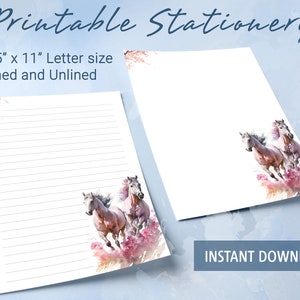 Printable Stationery lined paper with horses running in a field of flowers, Printable Writing Paper, Goodnotes template, Digital Lined Paper