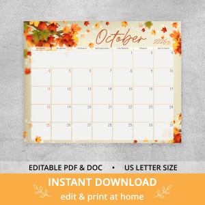May include: A monthly calendar page for October 2026 featuring a grid layout with days of the week labeled from Sunday to Saturday. The design is decorated with orange, red, and yellow autumn leaves along the top and side borders.