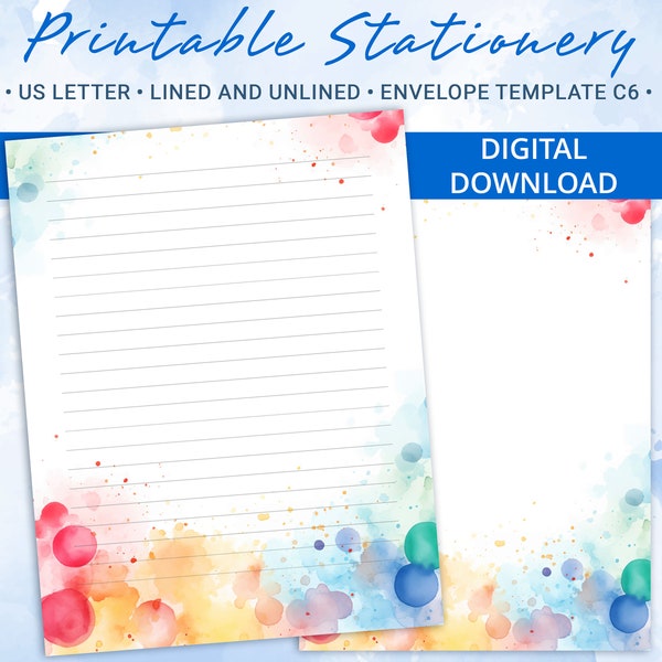 Printable Stationery paper with sunny watercolor blots and splashes, Printable Writing Paper, Goodnotes template, Includes envelope template