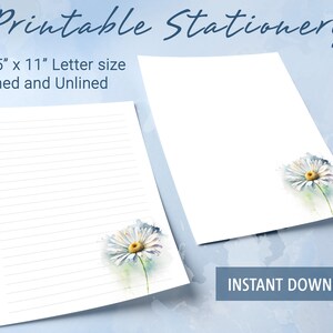 Papelería imprimible con motivos florales, papel para escribir imprimible con flores de margaritas blancas en acuarela, plantilla de Goodnotes