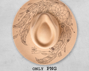 Dreamcatcher Hat Burning Design, Boho Western Hat Engraving Template with Feathers, PNG PDF