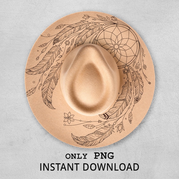 Dreamcatcher Hat Burning Design, Boho Western Hat Engraving Template with Feathers, PNG PDF