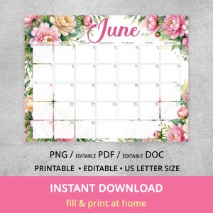 Puede incluir: Calendario imprimible de junio de 2026 con diseño floral. El calendario presenta un borde floral de acuarela rosa y verde con la palabra "June" en escritura rosa. Descarga instantánea disponible.