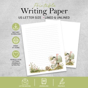 Puede incluir: Papel de carta imprimible en tamaño carta de EE. UU., con hojas rayadas y sin rayar. La papelería muestra una ilustración en acuarela de un buzón verde lleno de sobres, rodeado de flores silvestres y un caracol en la base.