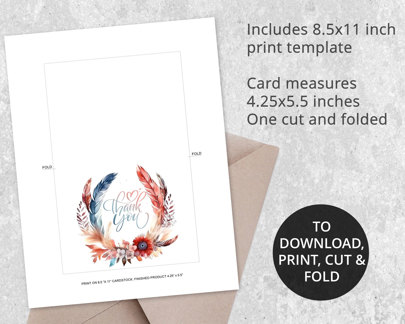 Floral Thank You Card Printable With Retro Rustic Boho Feathers Frame ...