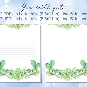 Floral Succulent Printable Stationery Lined Paper, Printable Writing ...