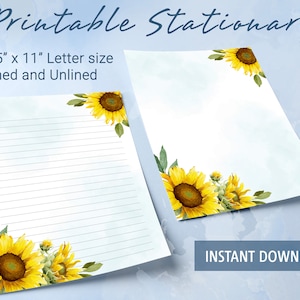 Papel rayado con diseño de girasol para imprimir, papel para escribir para imprimir, girasol con acuarela, plantilla de Goodnotes